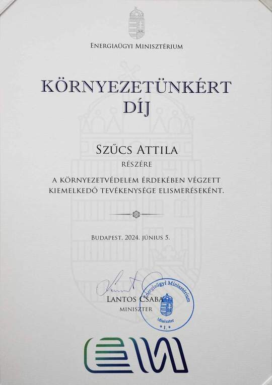 Környezetünkért díjjal ismerték el Szűcs Attilát munkáját